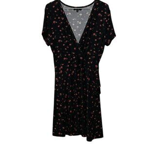 Lily Morgan Black Floral Faux Wrap Dress Womens L Romantic Midi Fit & Flare